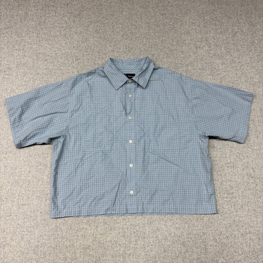 Original Use Button Down Shirt Medium Blue Plaid Short Sleeve Boxy Cropped Top